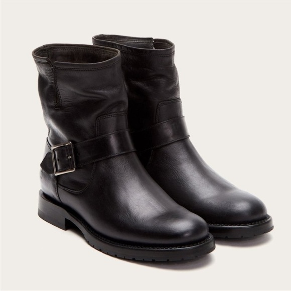 $388 Frye Natalie Engineer Black Leather  Short Moto Belted Casual Lug AnkleBoot - Picture 2 of 16